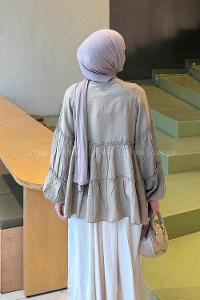 Khaki Shirt Collar Viscose Fabric Modal Tunic