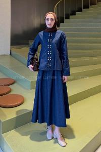 Dark Blue Crew Neck Long Arm Denim Flared Skirt Suit