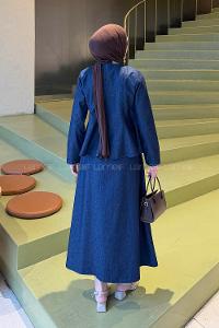 Dark Blue Crew Neck Long Arm Denim Flared Skirt Suit