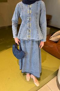 Blue Crew Neck Long Arm Denim Flared Skirt Suit
