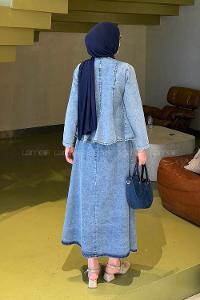 Blue Crew Neck Long Arm Denim Flared Skirt Suit