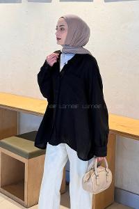 Lamelif Müslin Kumaş Oversize Gömlek Siyah