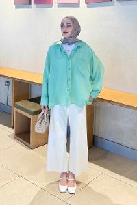 Lamelif Müslin Kumaş Oversize Gömlek Yeşil