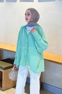 Lamelif Müslin Kumaş Oversize Gömlek Yeşil