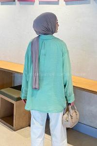 Lamelif Müslin Kumaş Oversize Gömlek Yeşil