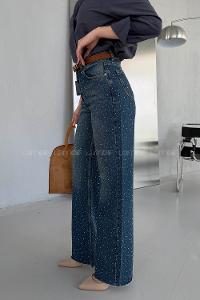 Lamelif Palazzo Taş Detaylı Jean Koyu Mavi Yeşil Tintli