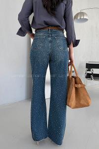 Lamelif Palazzo Taş Detaylı Jean Koyu Mavi Yeşil Tintli