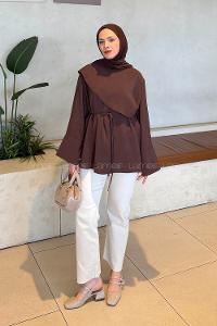 Lamelif Pelerin Detaylı Tunik Kahverengi