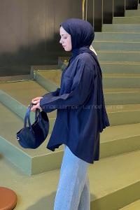 Navy Blue Shirt Collar Long Arm Poplin Fabric Shirt