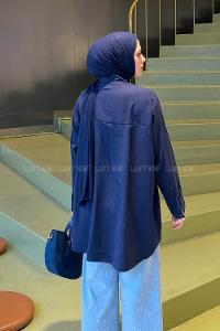 Navy Blue Shirt Collar Long Arm Poplin Fabric Shirt