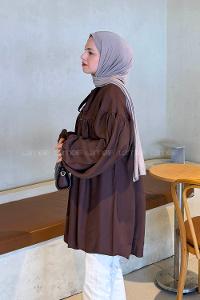Lamelif Yakası Bağcıklı Tesettür Tunik Acı Kahve