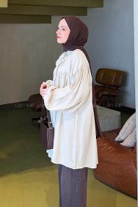 Lamelif Yakası Bağcıklı Tesettür Tunik Taş Rengi
