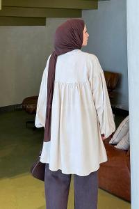 Lamelif Yakası Bağcıklı Tesettür Tunik Taş Rengi