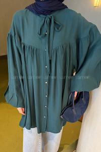Lamelif Yakası Bağcıklı Tesettür Tunik Zümrüt Yeşili