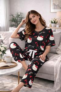 Lamelif Kadın Milan Kumaş  Hello Kitty  Desenli Pijama Takımı