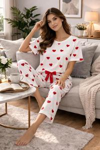 Lamelif Kadın Milan Kumaş Kalp Desenli Pijama Takımı