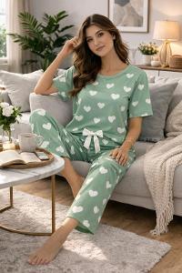 Lamelif Kadın Milan Kumaş  Kalp Desenli Pijama Takımı