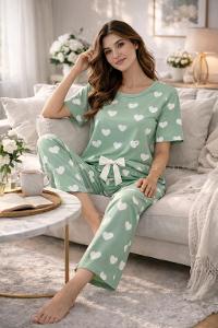 Lamelif Kadın Milan Kumaş  Kalp Desenli Pijama Takımı