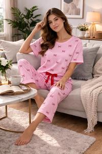 Lamelif Kadın Milan Kumaş Kurdele Desenli Pijama Takımı