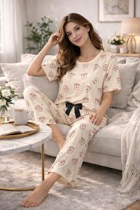 Lamelif Kadın Milan Kumaş  Latte Love Desenli Pijama Takımı