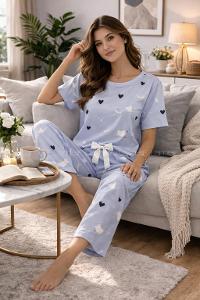 Lamelif Kadın Milan Kumaş Minimal Kalp Desenli Pijama Takımı