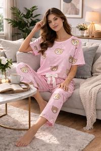 Lamelif Kadın Milan Kumaş Teddy Bear Desenli Pijama Takımı