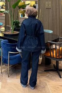 Lamelif Bağlama Detaylı İkili Kot Takım Koyu Mavi