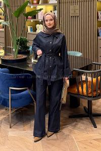 Lamelif Bağlama Detaylı Kot Takım Koyu Mavi