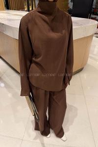Lamelif Balıkçı Yaka Pileli Takım Kahverengi