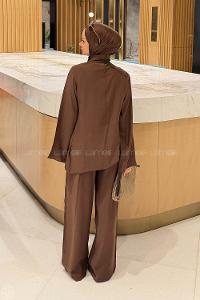 Lamelif Balıkçı Yaka Pileli Takım Kahverengi