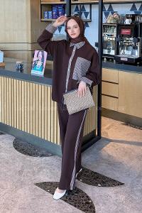 Lamelif Çizgili Pantolonlu Takım Acı Kahve