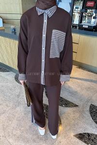 Lamelif Çizgili Pantolonlu Takım Acı Kahve