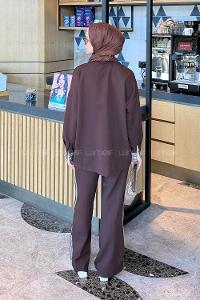 Lamelif Çizgili Pantolonlu Takım Acı Kahve