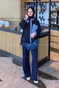 Lamelif Çizgili Pantolonlu Takım Lacivert