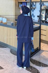 Lamelif Çizgili Pantolonlu Takım Lacivert