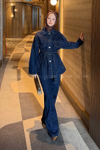 Lamelif Denim Kuşaklı Ceket-Pantolon İkili Takım Kot Mavisi