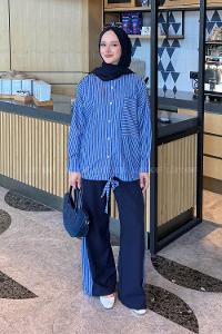 Lamelif Garnili Çizgili Pantolonlu Takım Lacivert