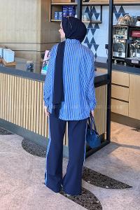 Lamelif Garnili Çizgili Pantolonlu Takım Lacivert