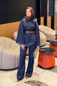 Lamelif Kemerli Panço-Pantolon Kot Takım Kot Mavisi