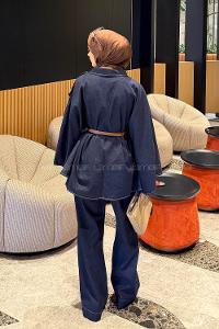 Lamelif Kemerli Panço-Pantolon Kot Takım Kot Mavisi