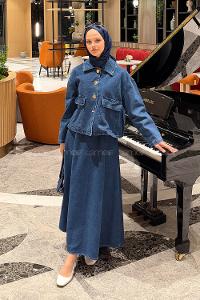 Denim Blue Shirt Collar Long Arm Denim Flared Skirt Suit