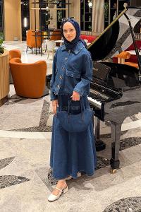 Denim Blue Shirt Collar Long Arm Denim Flared Skirt Suit