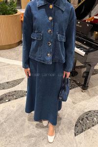 Denim Blue Shirt Collar Long Arm Denim Flared Skirt Suit