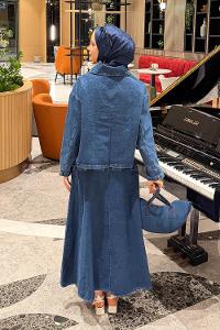 Denim Blue Shirt Collar Long Arm Denim Flared Skirt Suit