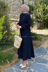 Lamelif Pat Detaylı Tesettür Elbise Koyu Lacivert