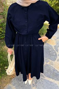 Lamelif Pat Detaylı Tesettür Elbise Koyu Lacivert