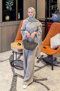 Lamelif Şal Detaylı Çizgili Takım Taş-Haki