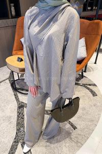 Lamelif Şal Detaylı Çizgili Takım Taş-Haki