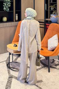 Lamelif Şal Detaylı Çizgili Takım Taş-Haki