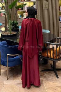 Lamelif Şal Yaka Saten Elbise Bordo